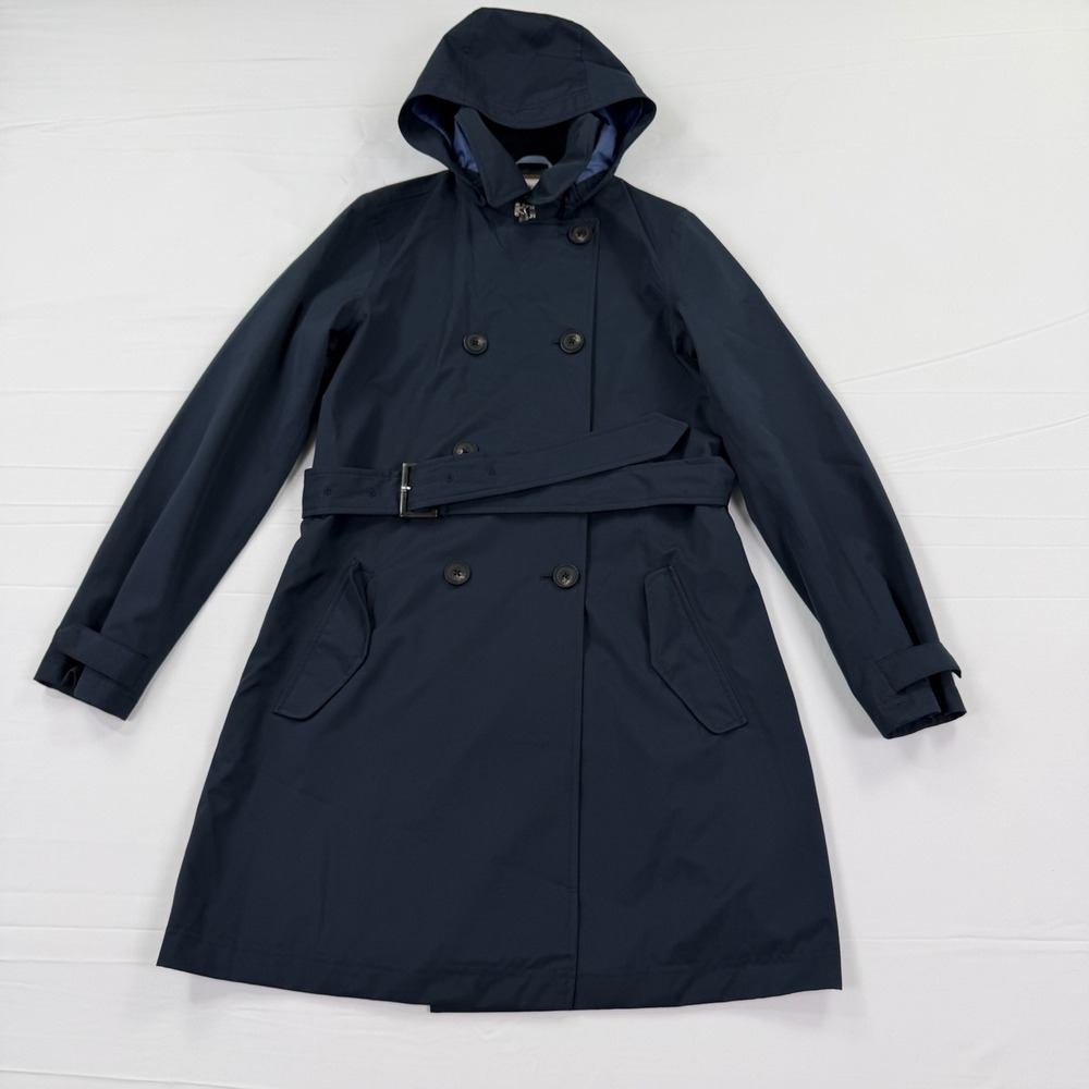 Timberland Women's Hooded Trench Coat Navy Blue Belted Double Breasted Size S